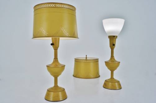 Toleware lamps, pair of table lamps with glass uplighter, 1950`s ca, American